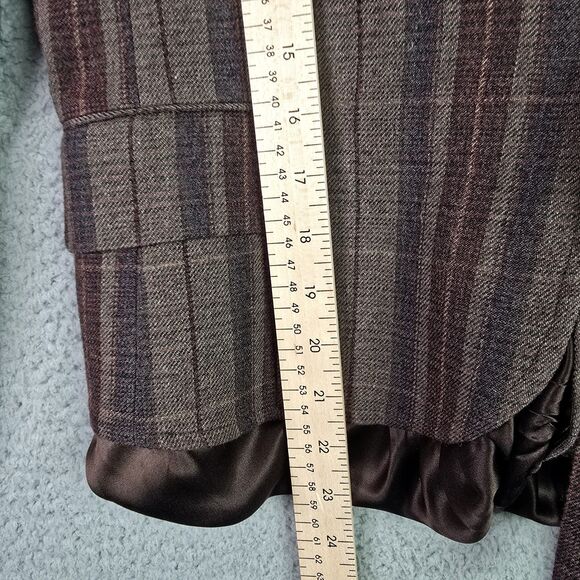 BCBGMaxAzria Plaid Blazer Brown Satin Hem Bow Tailored Designer Preppy Statement - Picture 10 of 15